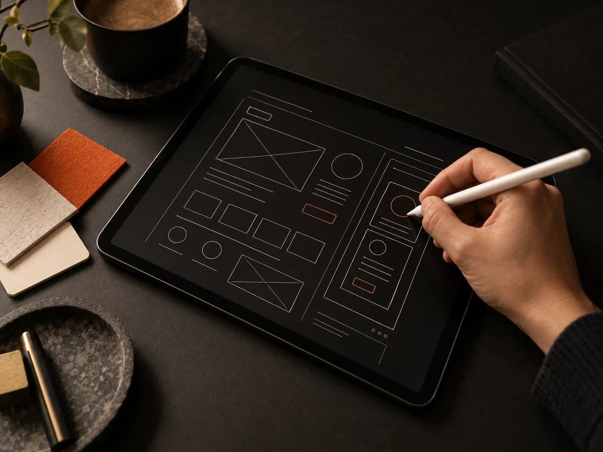 Tablet üzerinde kalemle çizilen arayüz taslakları