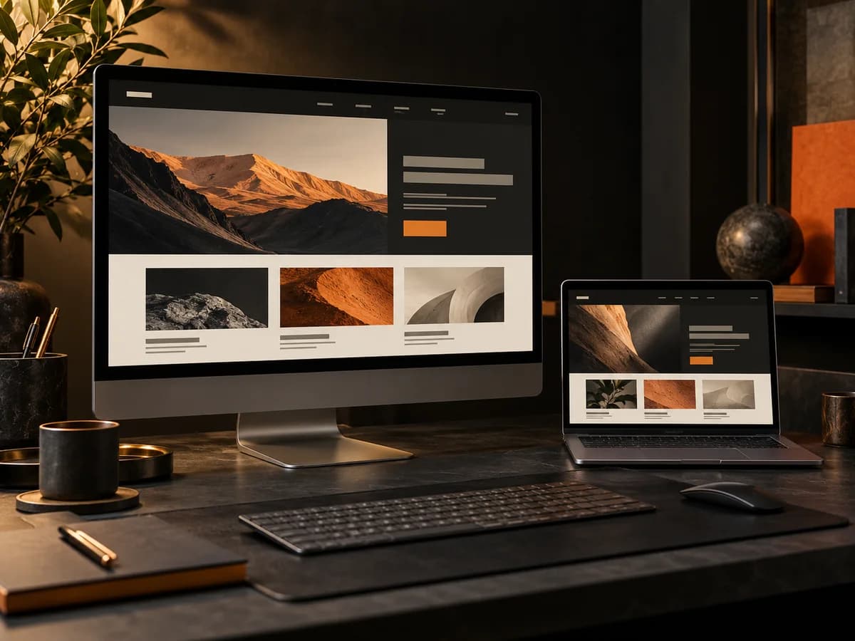 Koyu stüdyo masasında web arayüzünü gösteren monitör ve dizüstü bilgisayar